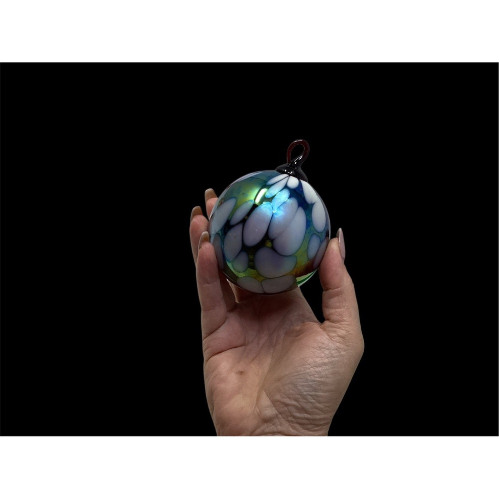 Beautiful Hand Blown Glass Orb Ornament Iridescent Blue Green 3"